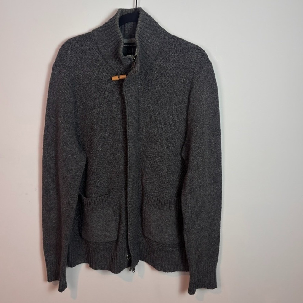 Banana Republic Mens Grey Full Zip Wool Blend Mock Neck Chunky Knit sweater sz L
